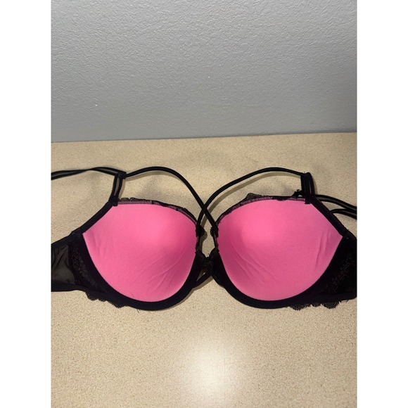PINK Victoria Secret Black Lace Strappy Date Push Up Bra 34C - Picture 3 of 6